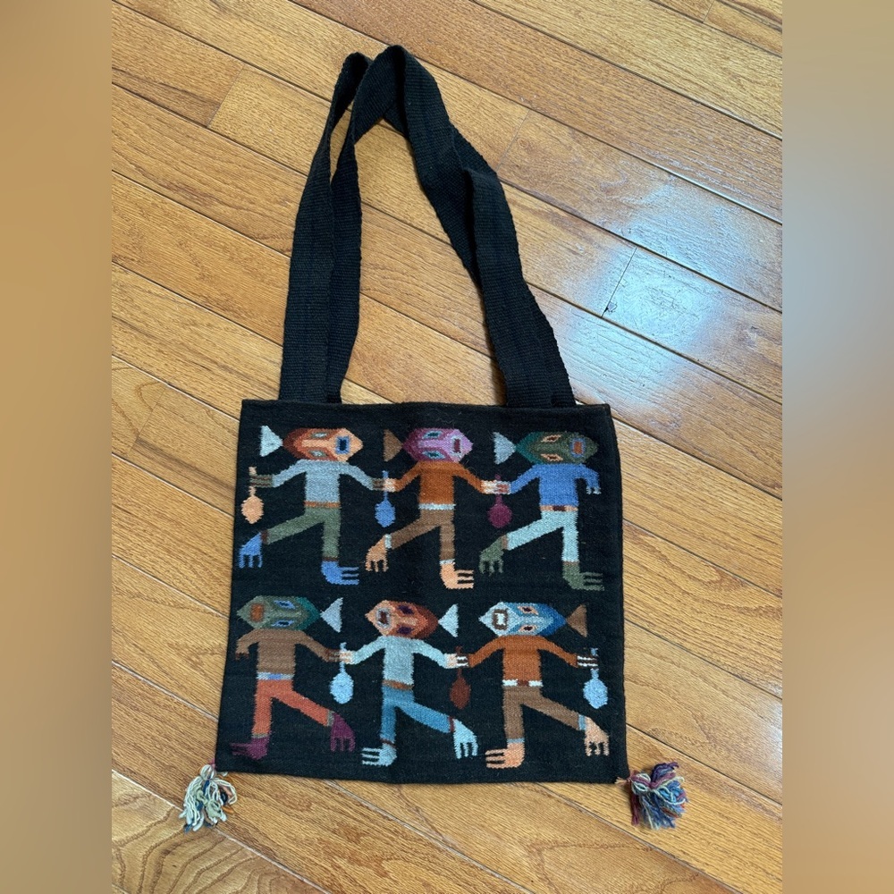 Vintage Peruvian Connection Wool Fish-Head People Tote Bag Handmade EUC - Picture 3 of 13